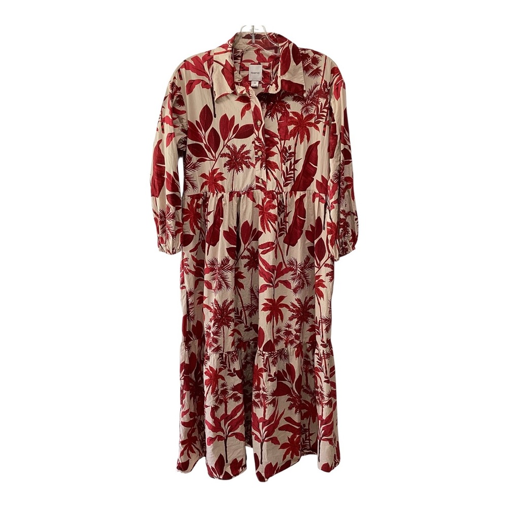 Maeve Anthropologie Red Tropical Palm Tiered Cotton Maxi Shirt Dress XS